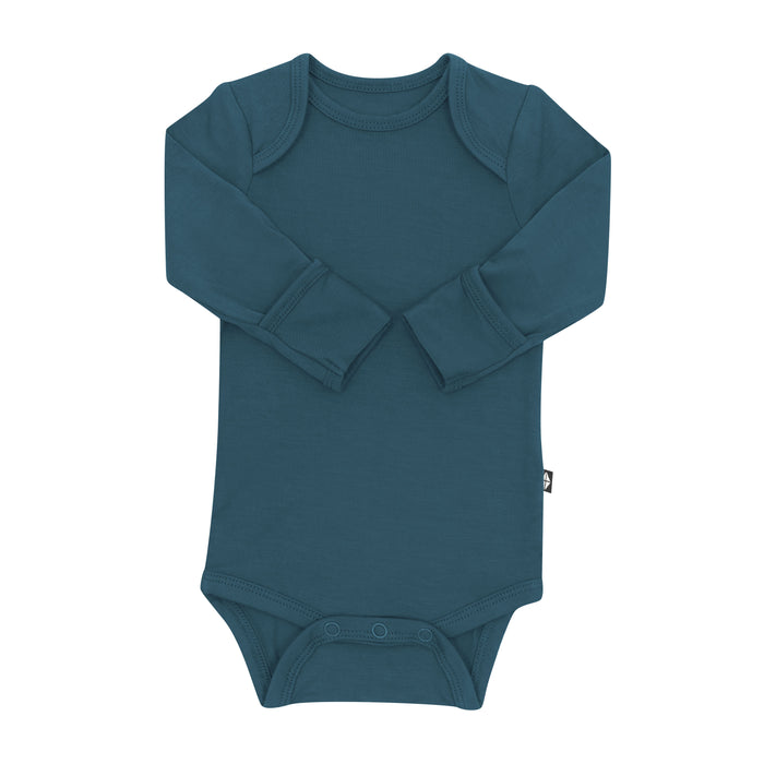 Long Sleeve Bodysuit in Atlantic arms folded inwards showing the fold over hand cuffs