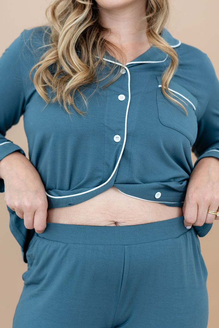 Close up of the elastic waistband on the Long-Sleeved Women's Pajama Set in Atlantic with Cloud Trim