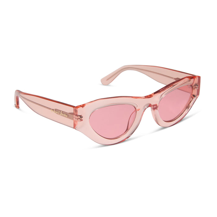 for love & lemons x diff eyewear featuring the lucy cat eye sunglasses with a pastel pink acetate frame and rose pink lenses angled view