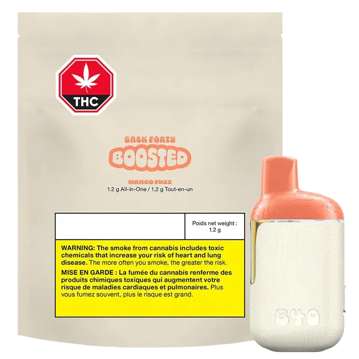 Pack-shot of the Mango Fuzz BOOSTED Disposable Vape showing the peach-colored device beside its beige pouch with THC warning label.