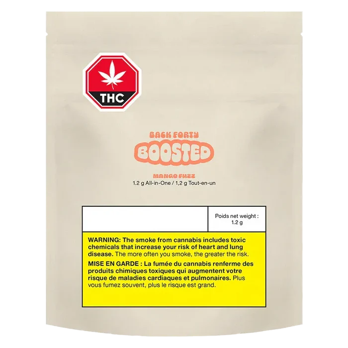 Front-facing beige pouch with a red THC stop-sign logo and centered "Mango Fuzz BOOSTED Disposable Vape" branding above a yellow bilingual health warning.