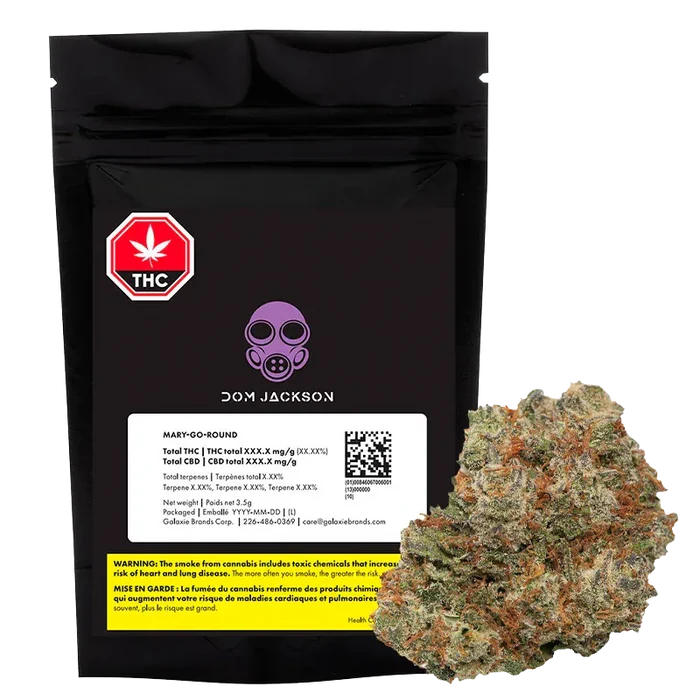 Front-facing black resealable pouch with a purple gas-mask logo and a cannabis bud at lower right, labeled "Mary-go-round" by DOM JACKSON.