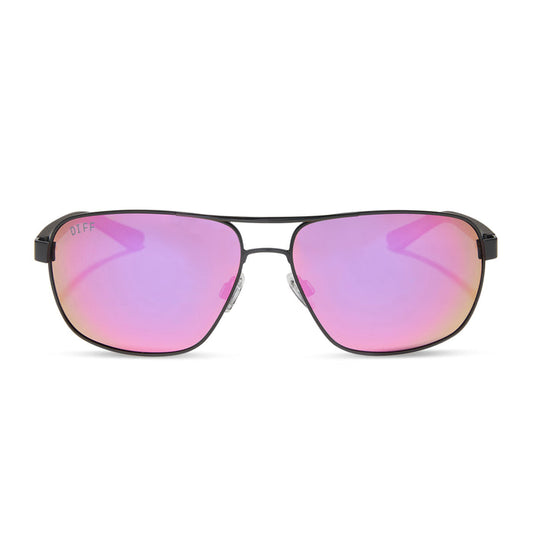 diff sport featuring the matchpoint aviator sunglasses with a black metal frame, matte black temples and pink rush mirror polarized lenses front view