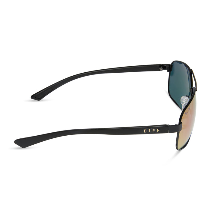 diff sport featuring the matchpoint aviator sunglasses with a black metal frame, matte black temples and pink rush mirror polarized lenses side view