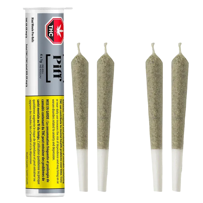 Straight-on view of a tube of Maui Wowi PR 4 x 1 g next to four neatly lined pre-rolls on a white background