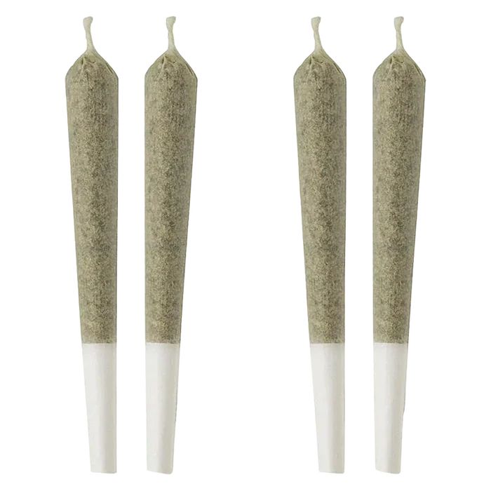 Top-down view of four slim pre-rolls arranged in two neat pairs, showing the green herb and white filter of Maui Wowi PR 4 x 1 g.