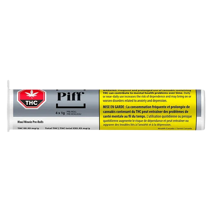Close-up of the clear tube packaging showing the Maui Wowi PR 4 x 1 g label, red THC octagon, and yellow bilingual warning panel.