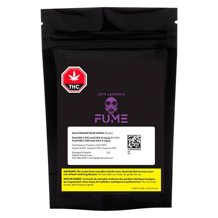Front view of the black pouch showing the Dom Jackson Fume Max Exhaust Haze Shatter label, purple gas mask logo, and warning panel.