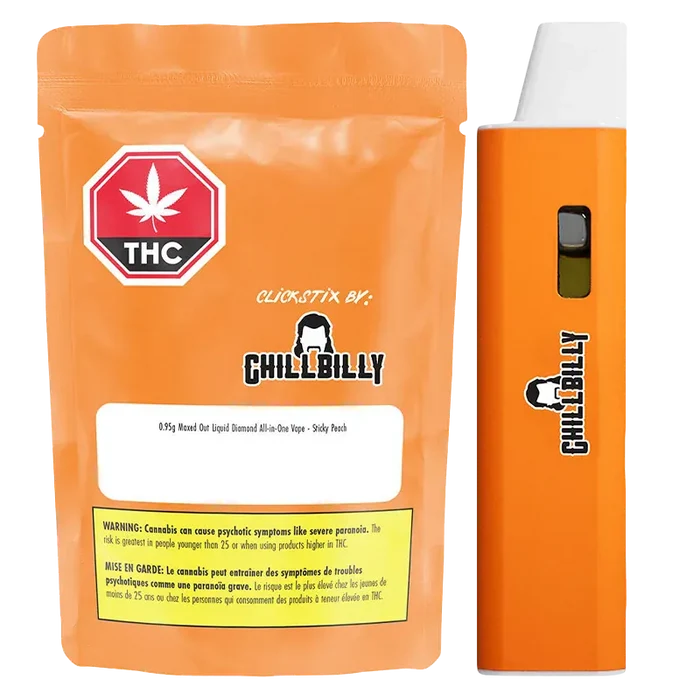 Front-facing shot of an orange Maxed Out Sticky Peach Liquid Diamond Disposable Vape beside its matching orange Chillbilly-branded pouch, both shown against a white background.