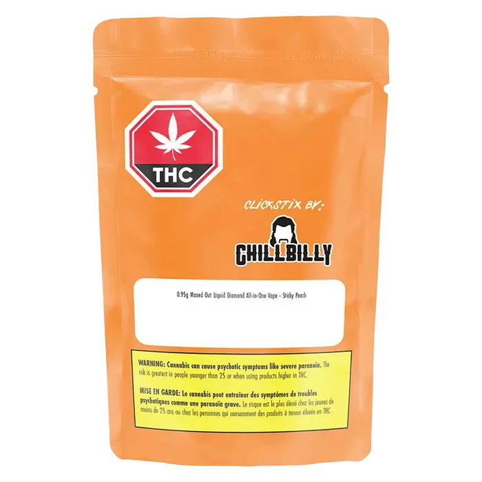 Front-facing shot of the Maxed Out Sticky Peach Liquid Diamond Disposable Vape orange pouch with THC emblem and Chillbilly logo on a white background