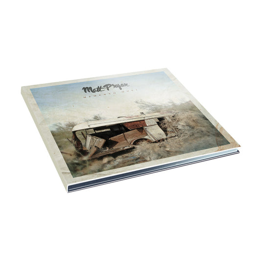 A Matt Pryor vinyl record album cover titled "Confidence Man" features a vintage photo of an abandoned trailer in a grassy, barren landscape, with a classic track list reminiscent of Memento Mori CDs.