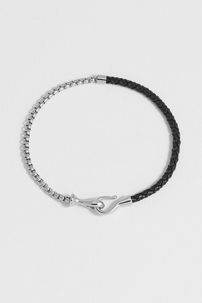 Men's Black Leather and Chain Hook Bracelet