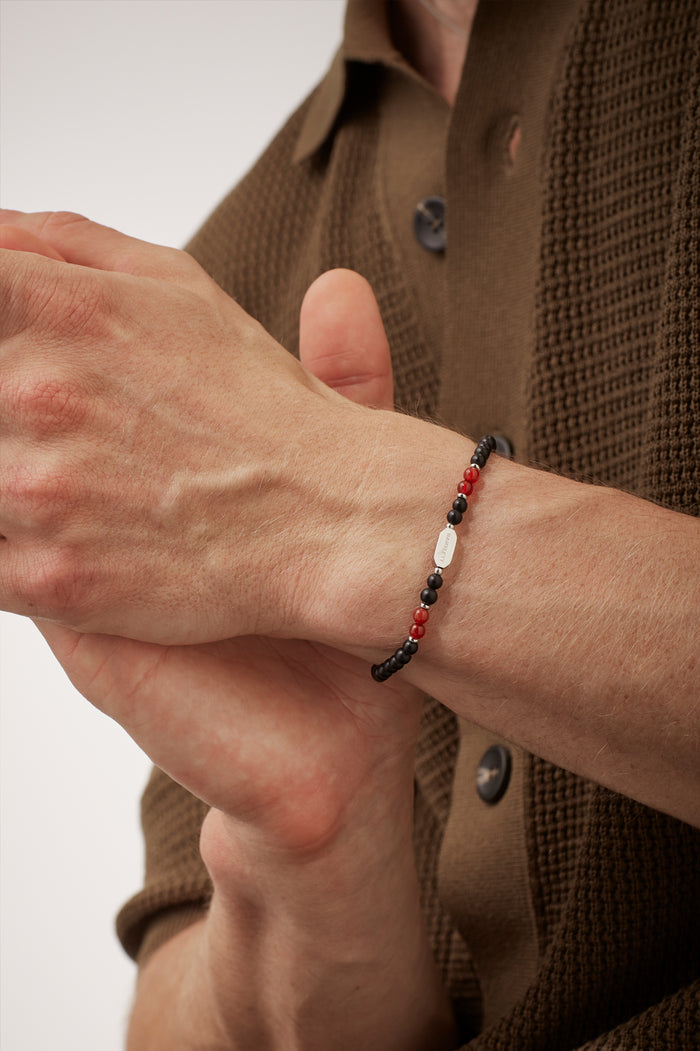 Men's Black Onyx Bracelet With Red Agate Accent