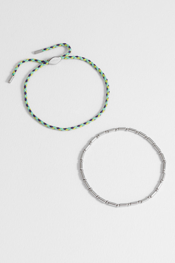 Men's Green Cord and Beaded Stretch Duo Bracelet