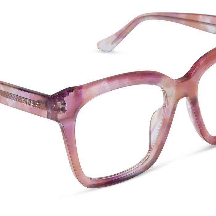 diff eyewear featuring the meredith square prescription glasses with a fleur pink tortoise frame detailed view