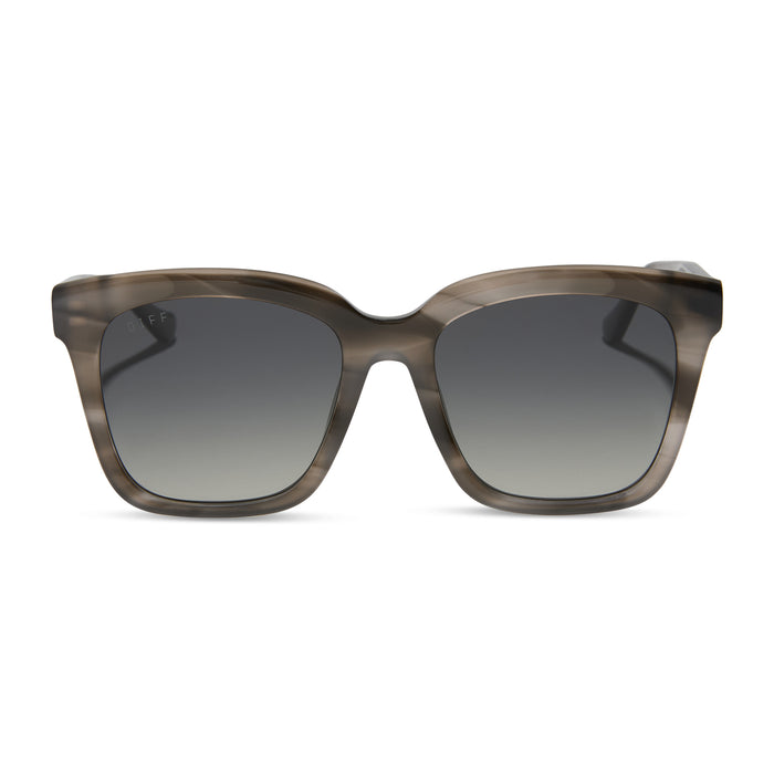 diff eyewear featuring the meredith square sunglasses with a smoke marble frame and grey gradient polarized lenses front view