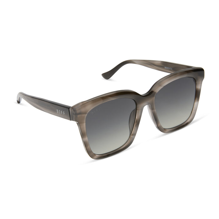 diff eyewear featuring the meredith square sunglasses with a smoke marble frame and grey gradient polarized lenses angled view