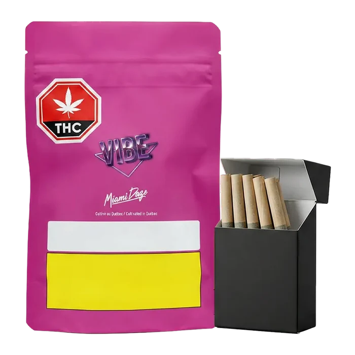 Front-facing pink pouch and an open black box of five rolled joints photographed against a white background, Miami Daze PR 14 x 0.5 g.