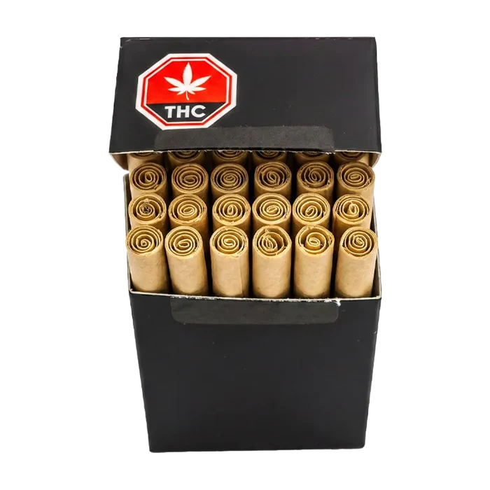 Top-down view of an open black box showing neatly rolled brown papers, labeled Miami Daze PR 14 x 0.5 g on the lid.
