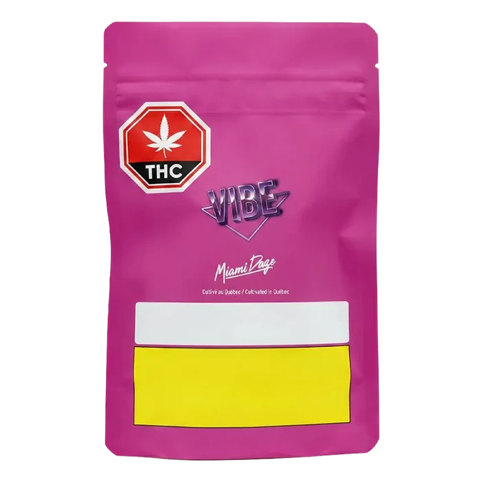 Front view of the vibrant pink Miami Daze PR 14 x 0.5 g pouch with VIBE logo, THC icon, and blank white and yellow label panels.