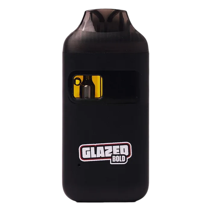 Front-facing shot of a black Midnight Berries Liquid Diamond Disposable Vape with a translucent mouthpiece, visible yellow e-liquid window, and "Glazed Bold" logo near the base.