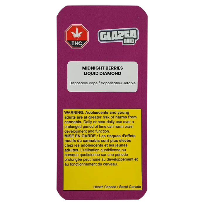 Straight-on view of the purple packaging labeled "Midnight Berries Liquid Diamond Disposable Vape" with a Glazed Bold logo and a yellow Health Canada warning panel.