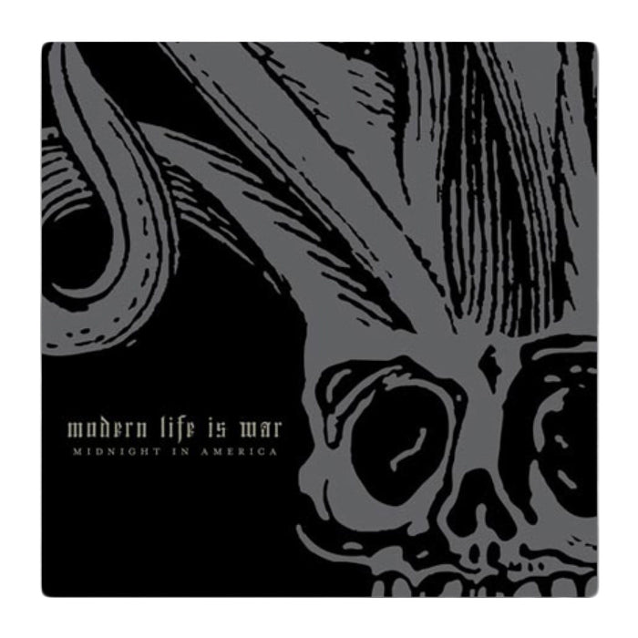 A black and gray stylized skull with abstract lines on a dark background. Modern Life Is War and MIDNIGHT IN AMERICA appear in the lower left, reflecting the hardcore spirit of the Modern Life Is War brand.