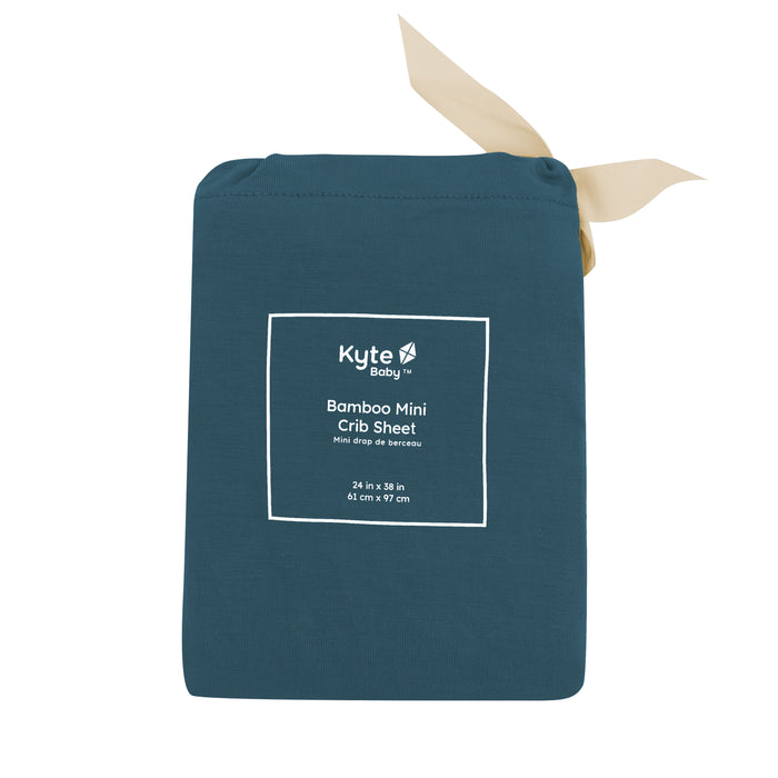 Mini Crib Sheet in Atlantic shown in its packaging