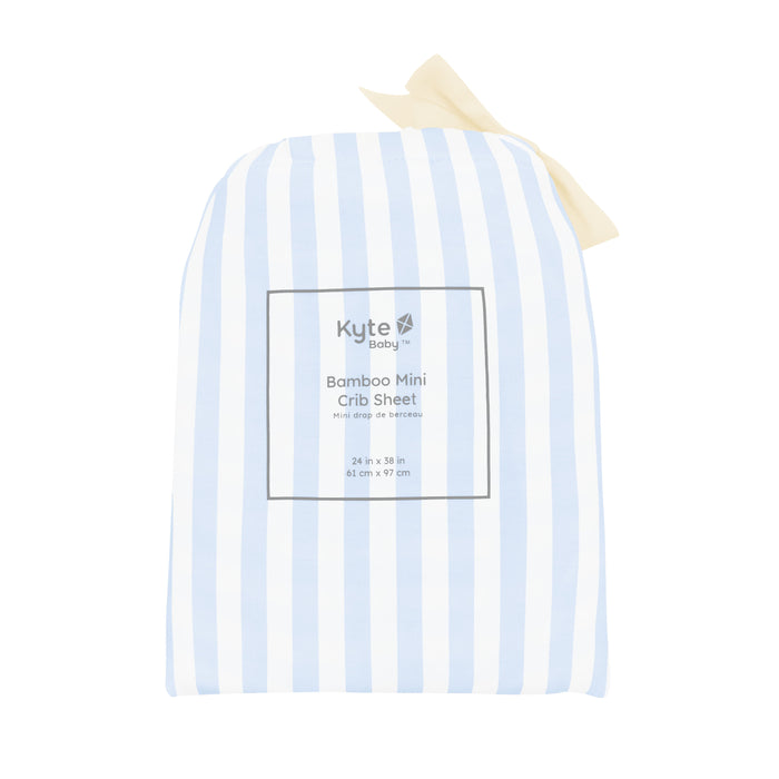 Mini Crib Sheet in Small Mist Stripe shown in its packaging