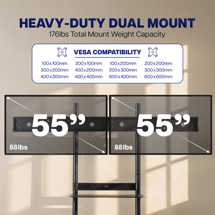 Mobile Dual Horizontal TV Cart - 55” Screens