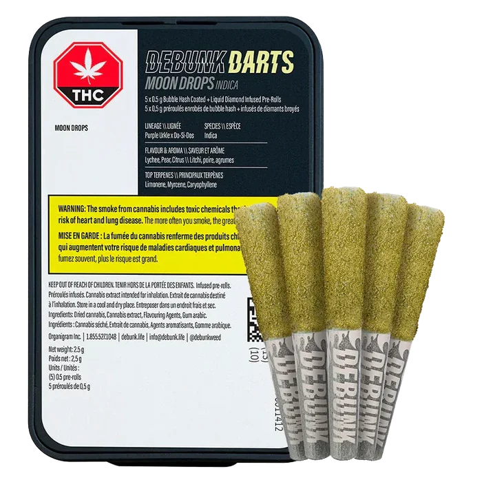 Front-facing shot of a black tin with five gold-coated pre-rolls leaning against it, labeled "Moon Drops Bubble Hash Coated Infused PR 5 x 0.5 g".