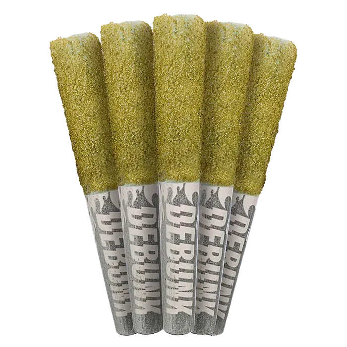 Close-up of five Moon Drops Bubble Hash Coated Infused PR 5 x 0.5 g joints fanned upright, showing their golden hash-coated tips and printed white paper tubes