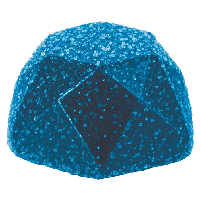 Close-up front view of a single Moonlit Berry Gummies candy, a blue, sugar-coated, rounded-square gummy with a faceted top.
