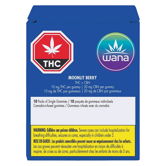 Back view of the blue Wana Moonlit Berry Gummies box showing THC and Wana logos, dosage text, and a yellow warning panel.