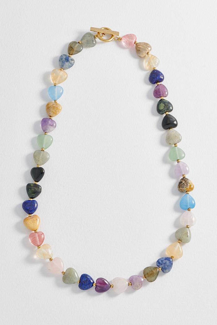 Multi-Gemstone Heart T-Bar Necklace