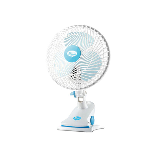 My Choice 7" Clip/Table/Wall Fan – Detachable Base, Strong Airflow, Adjustable Tilt, Portable, Durable, 2-Speed, white & blue, MC202A