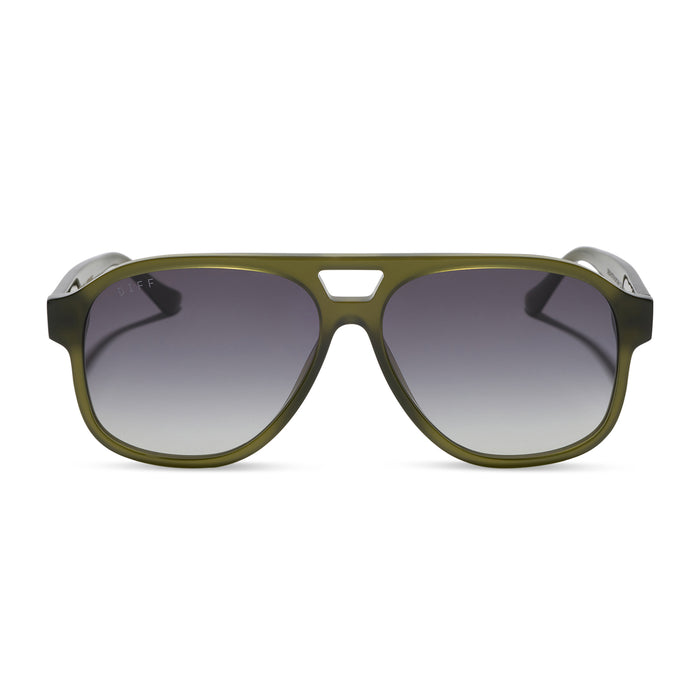 jessie james decker x diff eyewear featuring the nash navigator sunglasses with a milky olive green frame and grey gradient lenses front view