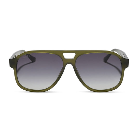 jessie james decker x diff eyewear featuring the nash navigator sunglasses with a milky olive green frame and grey gradient lenses front view