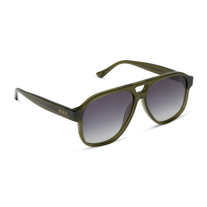 jessie james decker x diff eyewear featuring the nash navigator sunglasses with a milky olive green frame and grey gradient lenses angled view