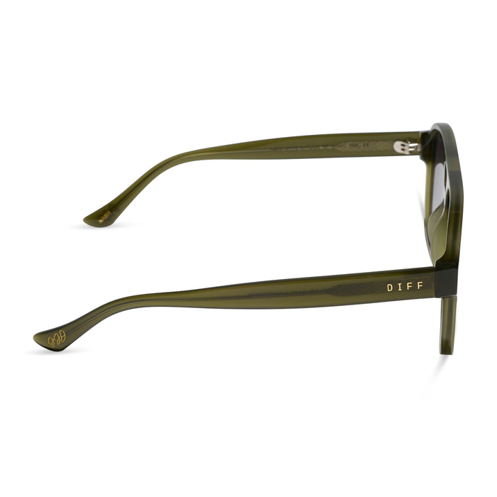 jessie james decker x diff eyewear featuring the nash navigator sunglasses with a milky olive green frame and grey gradient lenses side view