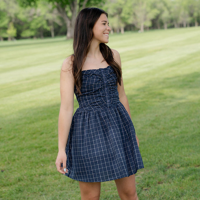 Navy Textured Button-Front Mini Dress