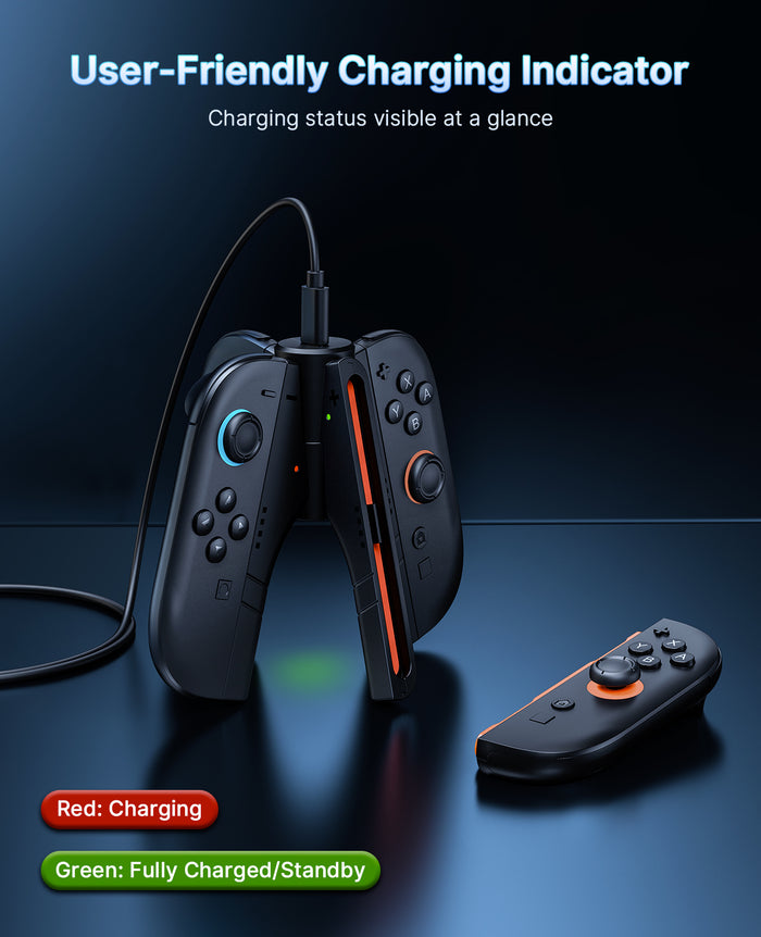 There is a desktop charger with red and green indicator lights charging a Switch2 controller.