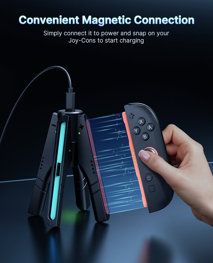 A person is attaching the Switch2 controller to the charger.