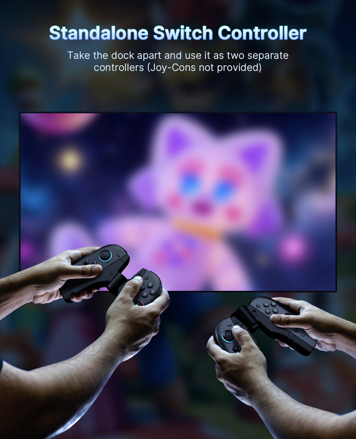 Two people are playing Switch games using separated chargers.