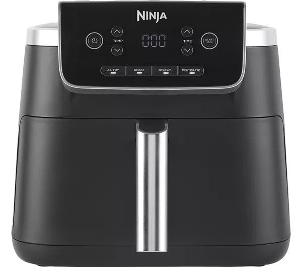 Black Ninja air fryer with digital control panel on a white background