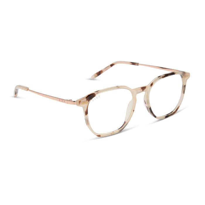 diff eyewear featuring the noel round prescription glasses with a cream tortoise frame angled view