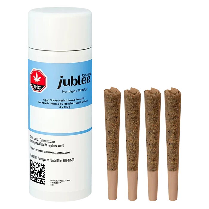 Front view of a Jubilee Extracts Nostalgia Aged Sticky Hash Infused PR 4 x 0.5 g white and blue tube beside four brown hash-infused pre-rolls standing upright.