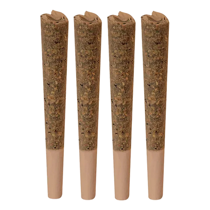 Four upright pre-rolled joints lined side by side, a close frontal view of the Nostalgia Aged Sticky Hash Infused PR 4 x 0.5 g showing textured brown filling and beige tips