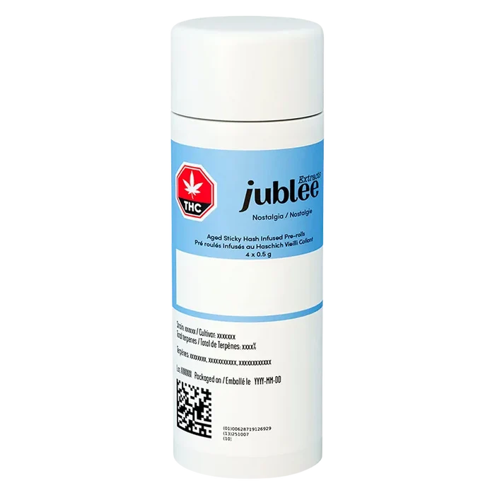 Front-facing shot of the Nostalgia Aged Sticky Hash Infused PR 4 x 0.5 g white tube with a blue Jubilee label and THC symbol.