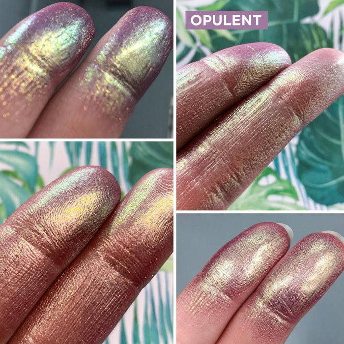 Collage of finger swatches of Opulent Glitter Multichrome Eyeshadow angle shifts orange-gold-green-turquoise